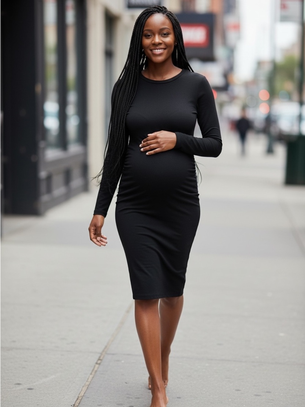 H&M Mama Maternity 3/4 Sleeve Black Bodycon Dress Stretch Knee Length 🤰 👗